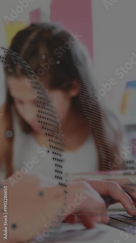 Vertical video: Tattooed hands typing laptop keys, shifting dotted overlay, revealing teen learning
