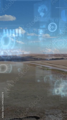 Vertical video: Frame two starting HUD panels appearing over farmland rising showing crop data