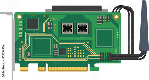 Computer network interface card with Ethernet ports, PCIe connector, antenna, PCB components, hardware technology, flat vector illustration