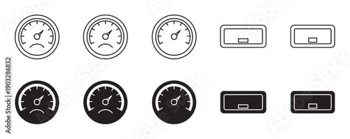 Set of black low performance meter icons with a sad face and a low battery indicator, a vector collection shown in both thin line art and solid glyph styles for UI design