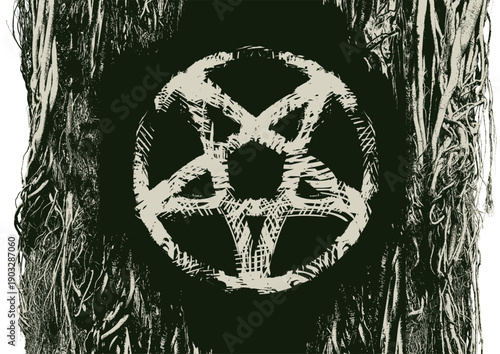 Vector illustration of a pentagram, a circle, a tree, branches, and roots in a grunge style. Symbol of Satanism. Design for t-shirts, logos, and music covers. No AI.