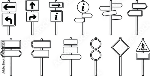 Collection of various directional and informational road signs on posts on a white background