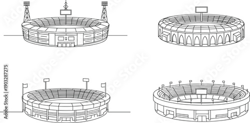 Vector line art stadium set, modern sports arena illustration, football field architectural sketch, circular coliseum design, isolated on white