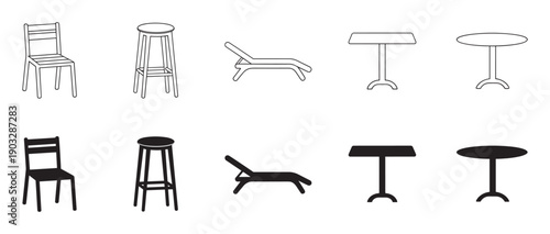 Minimalist black furniture icon set featuring chairs, stools, tables, and a chaise lounge, with each piece shown in both simple line art and solid silhouette styles