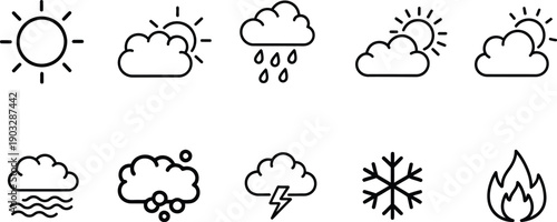 Weather icons set with sun clouds rain snow and fire symbols on white background