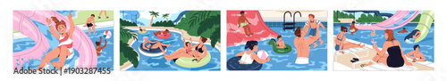People have fun and rest in aquapark set. Family with kids slides on waterslides, sunbathing and play in swimming pool. Characters in swimsuit are in water park in summer. Flat vector illustrations.