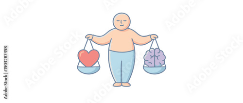 Calm illustrated person holding scales with a heart and a brain, symbolizing the balance between emotion and logic, feelings and intellect, in a simple minimalist line art style