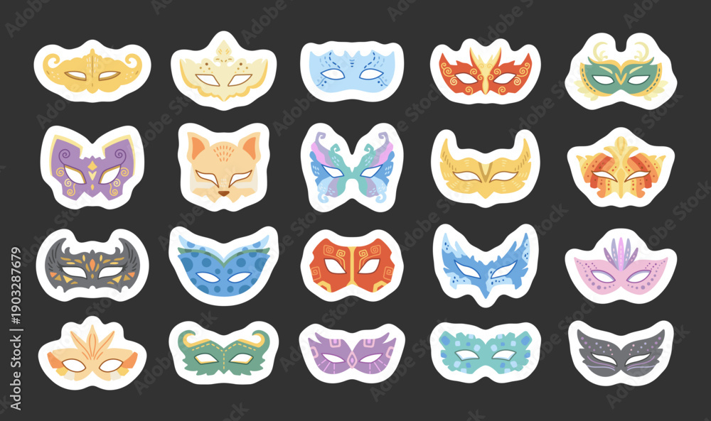 Naklejka premium Carnival mask set in scandinavian style featuring masquerade face covers with ornaments festival costume accessories celebration perfect for your illustration and creative designs projects