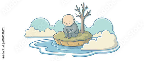 Sad bald cartoon person sits alone on a small island, hugging their knees next to a bare tree, conveying feelings of loneliness, depression, and despair in a cute illustrative style