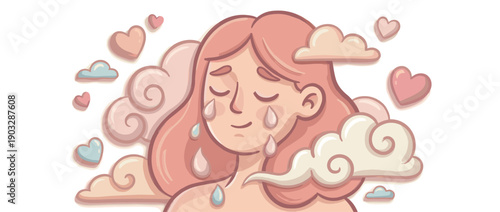 Beautiful illustrated woman with pink hair cries gentle tears, surrounded by soft clouds and hearts in a dreamy, emotional concept of sadness, healing, and self-love