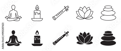 Collection of black meditation and spa icons in line art and solid glyph styles, including a yogi, candle, flute, lotus, and balanced stones for spiritual concepts