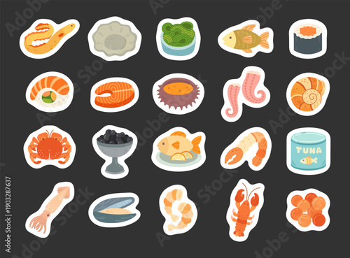 Sea food set in scandinavian style showing fish eel oyster seaweed sushi shrimp salmon urchin octopus crab caviar tuna squid