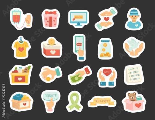 Charity support donation set in scandinavian style featuring blood gift volunteers funds food clothes toys online help ribbon checklist banner