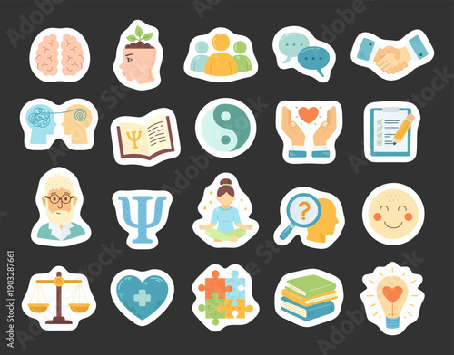 Mental health set in scandinavian style presenting psychology support therapy communication meditation balance symbols education wellbeing insight for modern awareness projects