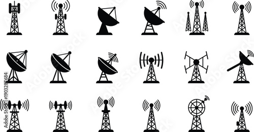Vector set of black communication tower icons, radio signal antennas, satellite dishes, broadcasting towers isolated on white background, technology symbols.