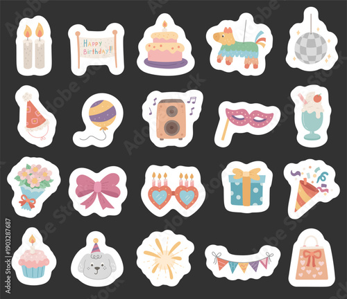 Birthday celebration set in scandinavian style presenting party decorations tasty desserts gift items balloon candles friendly dog characters family moments