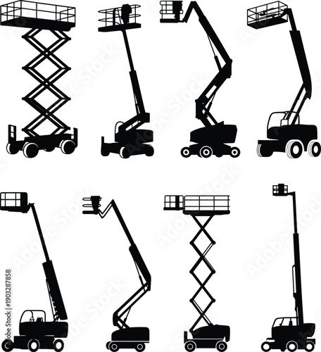 Vector set of boom lifts, scissor lifts, and aerial work platforms in black silhouette style, ideal for construction, maintenance, and industrial design use.