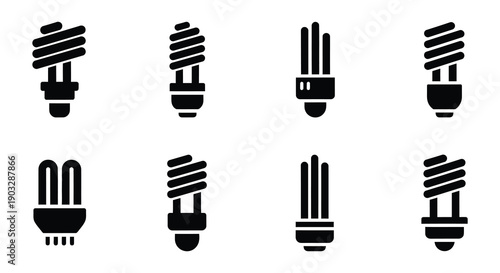 Various types of energy efficient light bulbs depicted in black and white