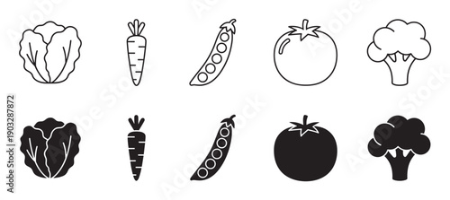 Set of black vegetable icons featuring lettuce, carrot, pea, tomato, and broccoli, presented in both minimalist line art and solid silhouette glyph styles for healthy eating concepts