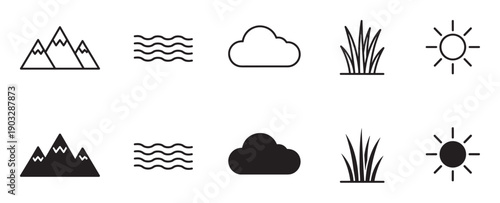 Set of black nature icons featuring mountains, water waves, clouds, grass, and sun symbols in both simple outline and solid filled silhouette versions for graphic design