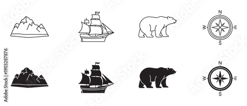 Black and white minimalist icon collection showing a mountain range, galleon, polar bear, and compass in line art and solid silhouette vector styles for navigation and travel