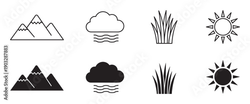 Minimalist nature and weather icon set featuring mountains, fog, grass, and sun symbols presented as both simple outlines and solid black glyphs