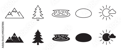 Set of black nature and weather icons shown in two styles, simple line art and solid silhouette, depicting a mountain, tree, lake, and a partly cloudy sun