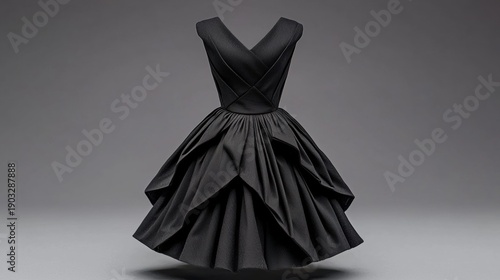 A black dress with a V-neck and ruffled skirt.