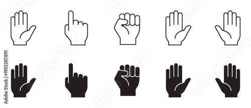 Hand gesture icons set in outline and solid glyph styles showing various signals like pointing, stop, and a clenched fist for communication and interface design