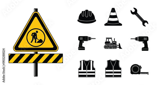 Construction safety icons warning sign tools and protective gear