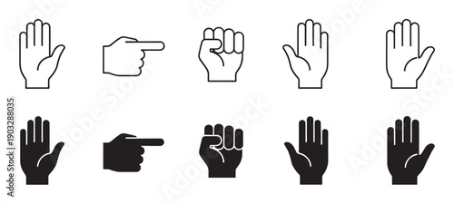 Set of black hand gesture icons in outline and solid silhouette styles, showing various common signs including an open palm for stop, a pointing finger, and a clenched fist