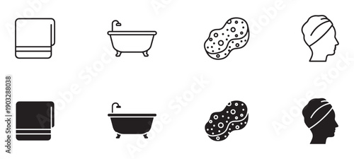 Set of black bathroom and spa icons in line art and glyph styles, featuring a folded towel, clawfoot tub, porous sponge, and a head with a hair turban for wellness concepts