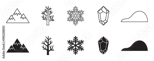 Set of black winter nature icons featuring a mountain, tree, snowflake, crystal, and hill in both line art and solid silhouette styles for graphic design elements