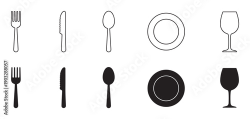 Black and white icon set of cutlery and dinnerware featuring a fork, knife, spoon, plate, and glass shown in both outline and solid silhouette graphic styles