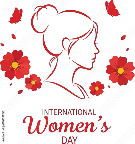 International women's day logo with flowers and butterfly on white background