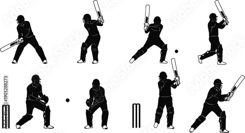 Vector silhouettes of cricket players in action, batter hitting ball, wicketkeeper stance, cricket field players, sports activity, cricket match