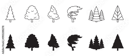 Collection of black tree icons in outline and silhouette styles showing various shapes like pine, fir, and deciduous trees in a minimalist graphic design illustration set for nature concepts