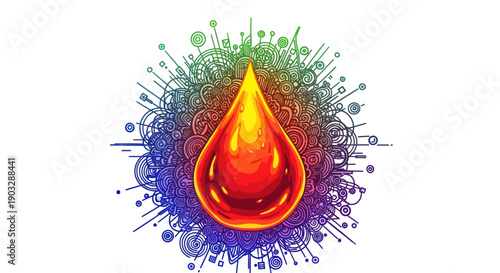 Vibrant fiery droplet with intricate abstract rainbow pattern showcasing modern artistic fluidity