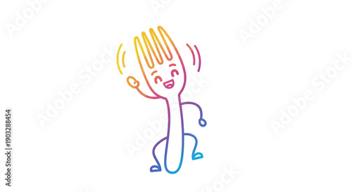 Vibrant gradient dancing fork character cartoon illustration with happy facial expression and