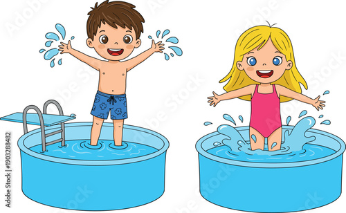 Children, summer, pool, splash, fun, water, playtime, outdoor, joy, happy, swimwear, backyard, activity, sunshine, childhood, energetic, vacation, excitement, lifestyle, carefree