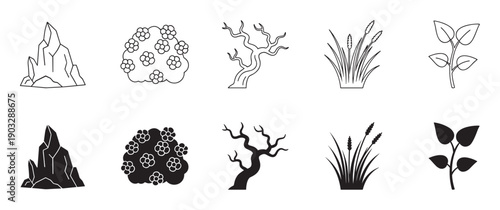Set of black nature icons featuring a rock, flowering bush, bare tree, grass, and sprout in both simple line art and solid silhouette vector styles