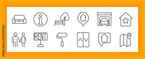Real estate set icon. Sofa, info symbol, park, location pins, garage, rent sign, elevator, house with star, map, roller, and people outlined to represent property, housing, and rental services.