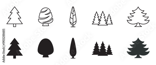Collection of black tree vector icons in simple minimalist style, including pine, fir, and deciduous shapes in both line art and solid silhouette versions for design elements