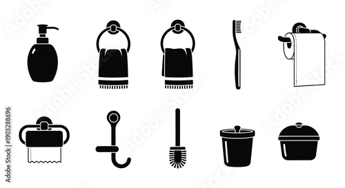 Black and white icons depicting various bathroom fixtures and accessories