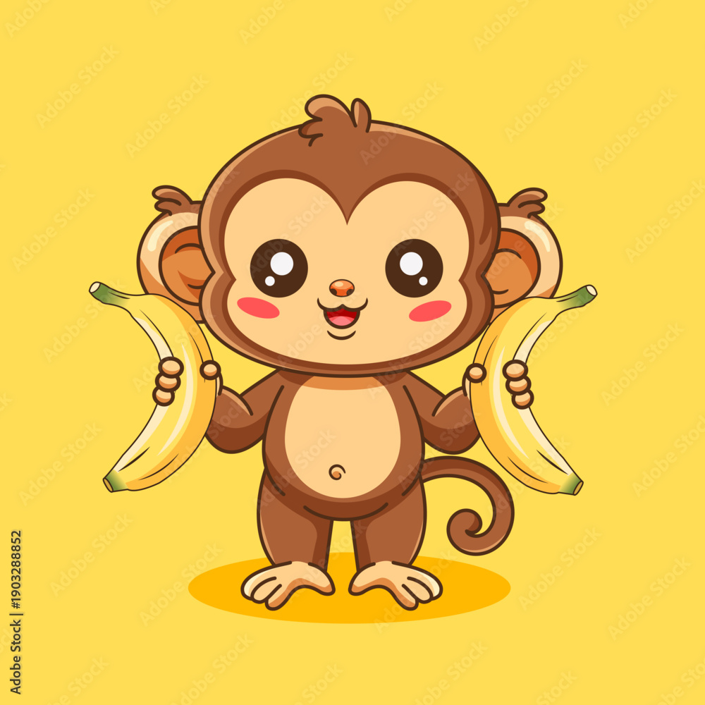 Fototapeta premium Cute Monkey Holding Two Bananas Vector Illustration Cartoon Kawaii Style