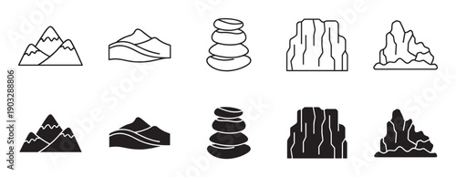 Set of black mountain and rock formation icons showing various natural landscapes in two styles, a simple line art outline and a solid black glyph silhouette for graphic design