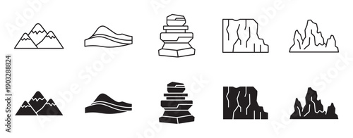 Black vector icons of mountains and rocks in a minimalist set showing various geological formations like cliffs and peaks in both outline and solid silhouette styles