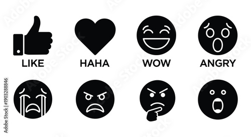 Collection of black silhouette emoticons depicting various emotional expressions