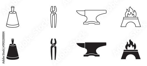 Blacksmith tool icon set with an anvil, tongs, forge, and bell presented in both minimalist line art and solid black silhouette styles for graphic design elements