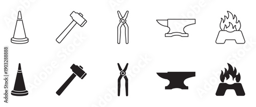 Blacksmith tool icon set in outline and solid glyph styles featuring a hammer, anvil, tongs, forge, and a hardy tool for metalworking and farrier crafts